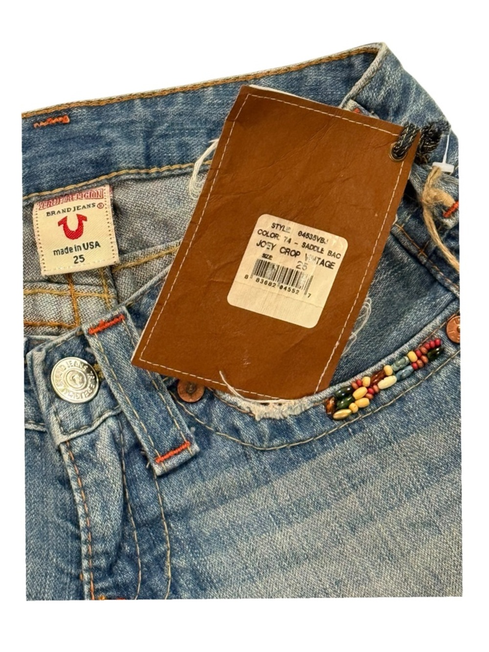 HTF: Y2K new True Religion ❉ Joey Vintage Beaded Cropped Jeans ❉ Saddle Back 25 - Picture 6 of 16